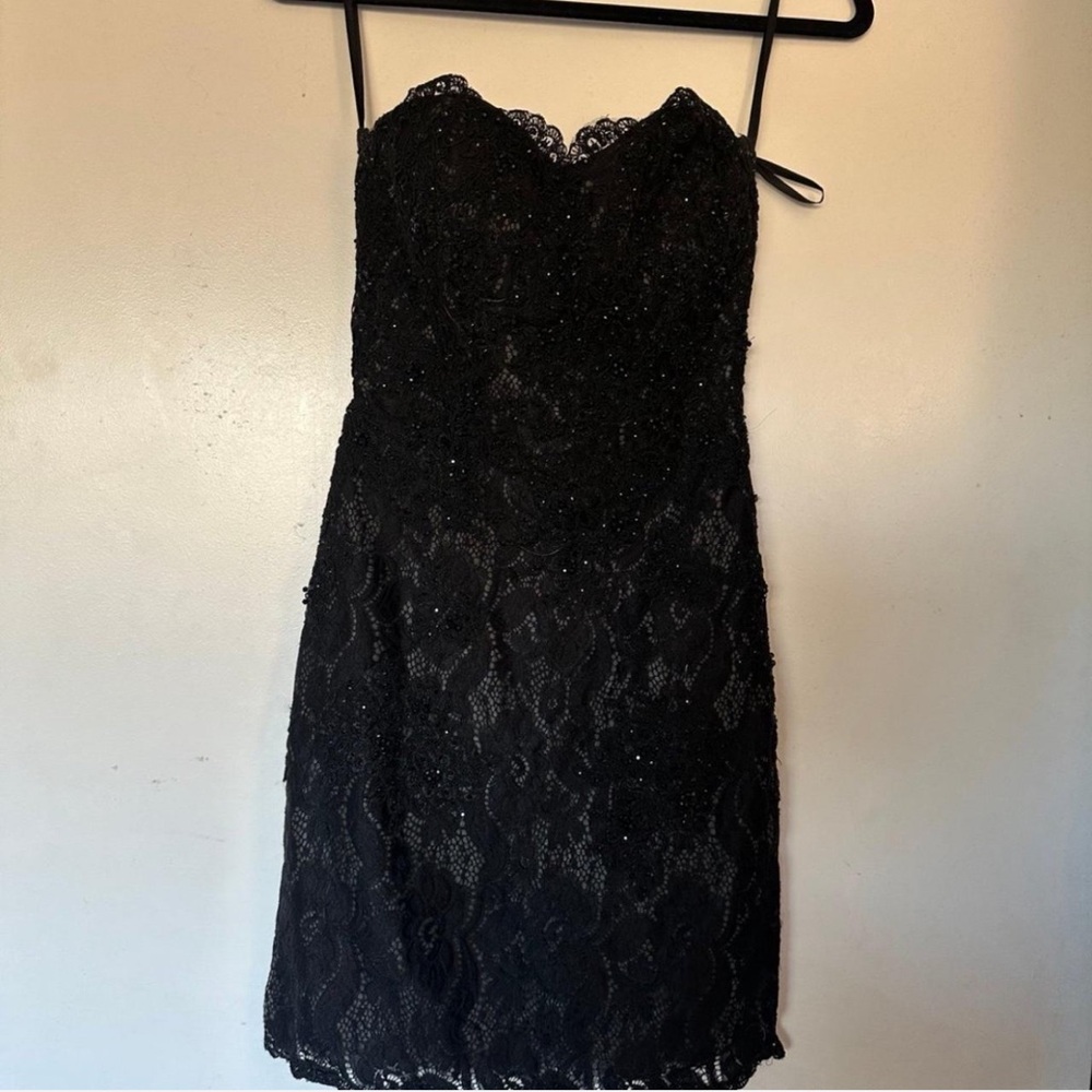 Mori Lee Black Strapless Lace Dress